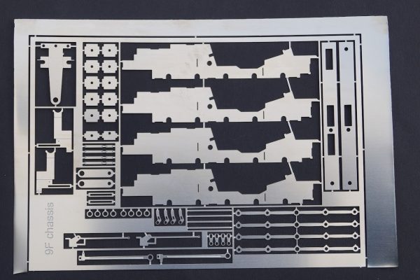 9F - This chassis is to fit the Tri-ang Britannia body to give an interpretation of what Tri-ang may have manufactured.  It is made in 0.4mm nickel silver with double thickness sides to give strength and is of slot/tab style soldered construction. Coupling rods are of double thickness too. Designed to take a Tri-ang XT60 motor and Jinty wheels.  The valve gear is basically as Tri-ang but with a couple of extra pieces.  It is not intended to be a scale version. There are only two available at £27.50 each.